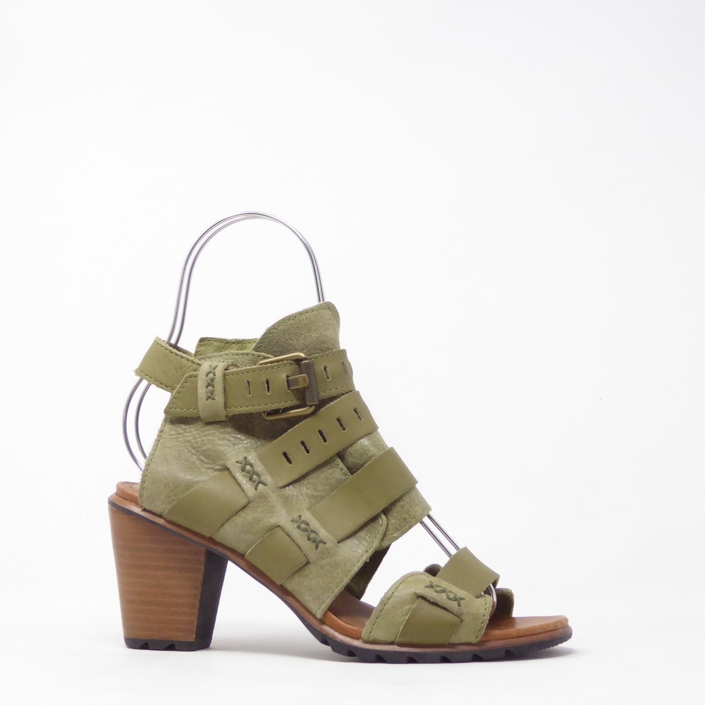 Sorel Nadia Womens Sandal Green Leather Buckle Strappy Block Heel 7